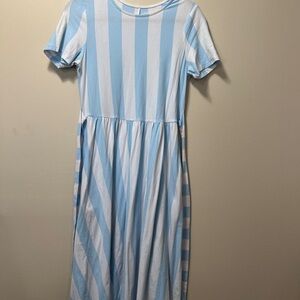 Tickled Teal Sky Blue and White Striped Kids Dress